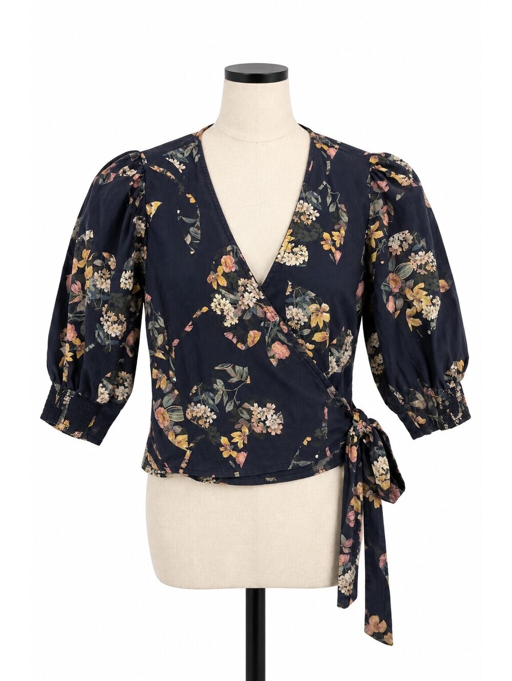 Super Natural Navy Floral Wrap Top Puff Sleeve Cottagecore Romantic Womens M